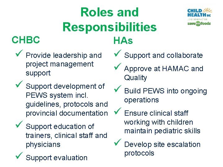 Roles and Responsibilities CHBC HAs ü Provide leadership and ü Support and collaborate ü