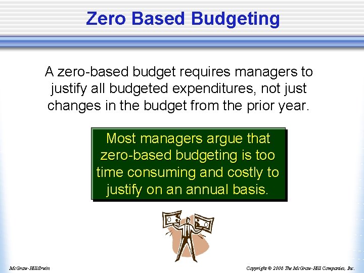 Zero Based Budgeting A zero-based budget requires managers to justify all budgeted expenditures, not