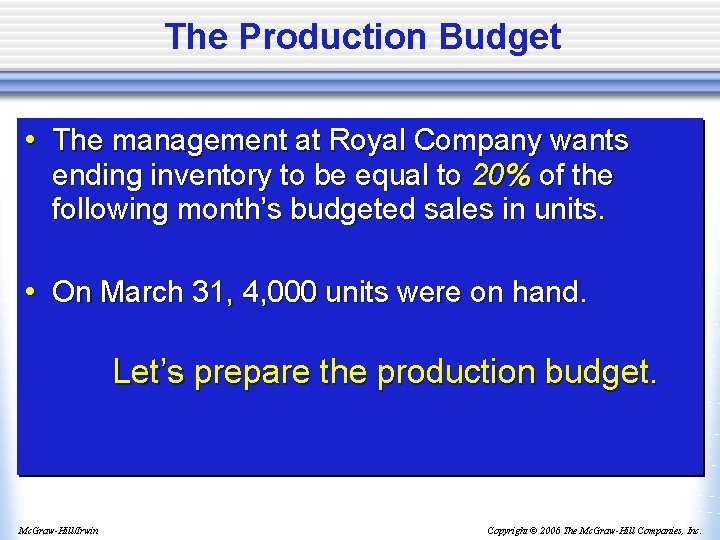 The Production Budget • The management at Royal Company wants ending inventory to be