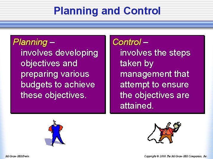 Planning and Control Planning – involves developing objectives and preparing various budgets to achieve