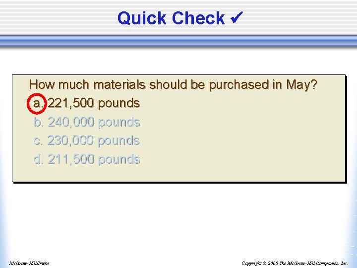 Quick Check How much materials should be purchased in May? a. 221, 500 pounds