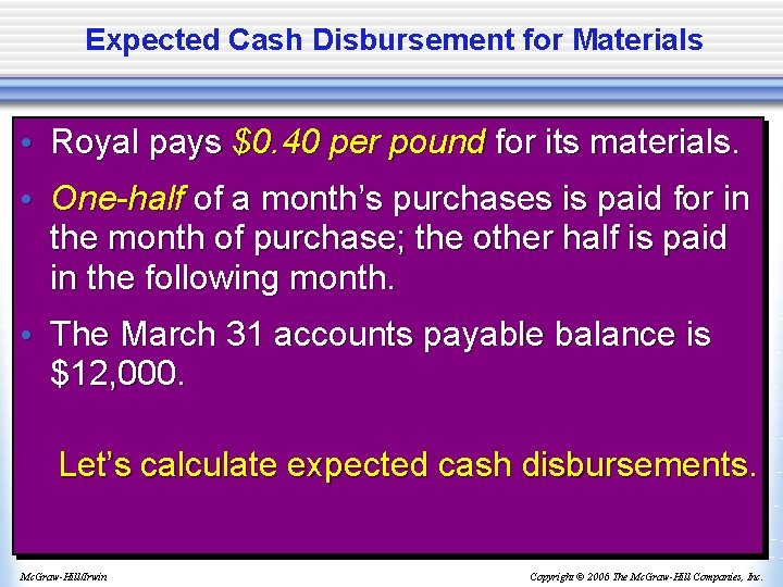 Expected Cash Disbursement for Materials • Royal pays $0. 40 per pound for its