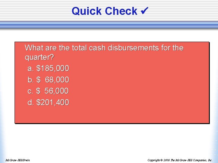 Quick Check What are the total cash disbursements for the quarter? a. $185, 000