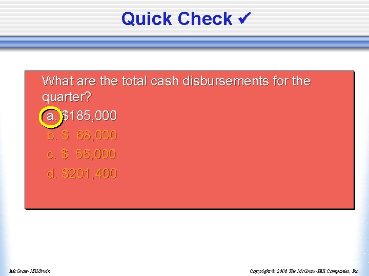 Quick Check What are the total cash disbursements for the quarter? a. $185, 000