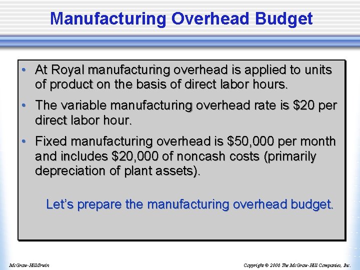 Manufacturing Overhead Budget • At Royal manufacturing overhead is applied to units of product