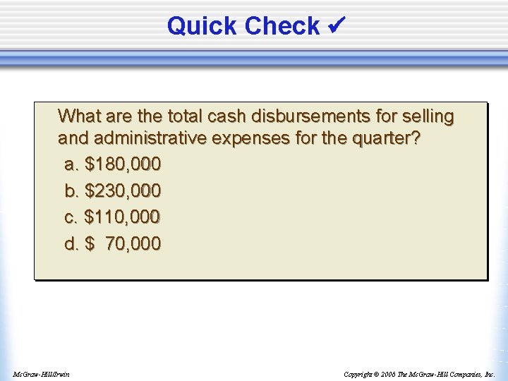 Quick Check What are the total cash disbursements for selling and administrative expenses for