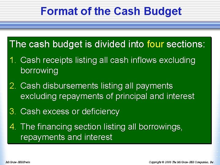 Format of the Cash Budget The cash budget is divided into four sections: 1.