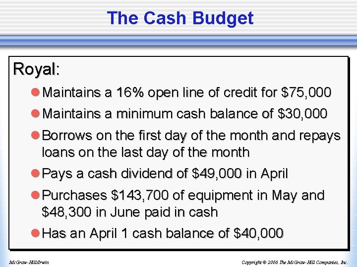 The Cash Budget Royal: l Maintains a 16% open line of credit for $75,