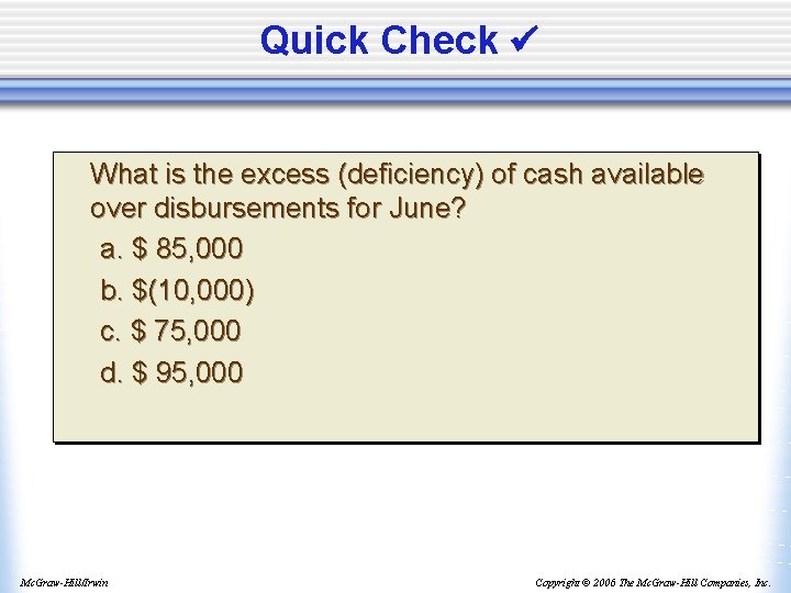 Quick Check What is the excess (deficiency) of cash available over disbursements for June?