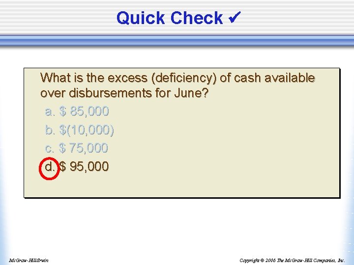 Quick Check What is the excess (deficiency) of cash available over disbursements for June?