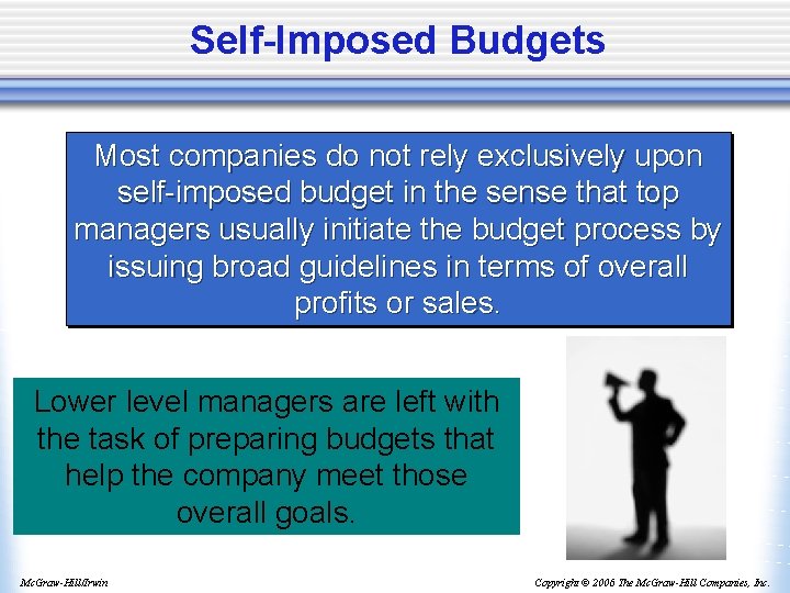 Self-Imposed Budgets Most companies do not rely exclusively upon self-imposed budget in the sense