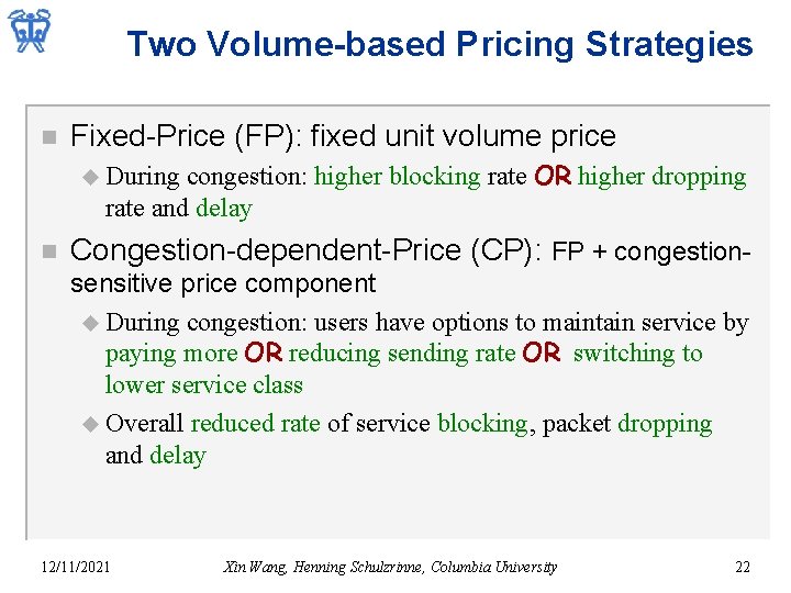 Two Volume-based Pricing Strategies n Fixed-Price (FP): fixed unit volume price congestion: higher blocking