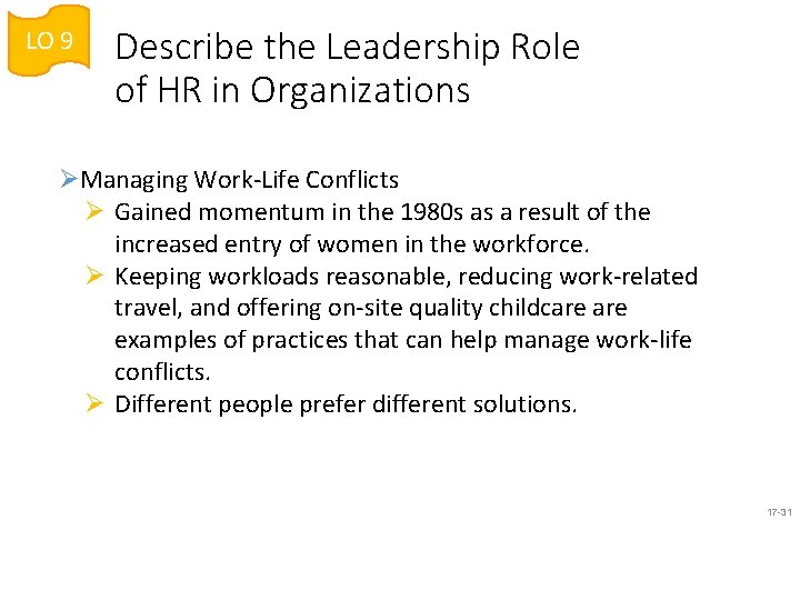 LO 9 Describe the Leadership Role of HR in Organizations ØManaging Work-Life Conflicts Ø