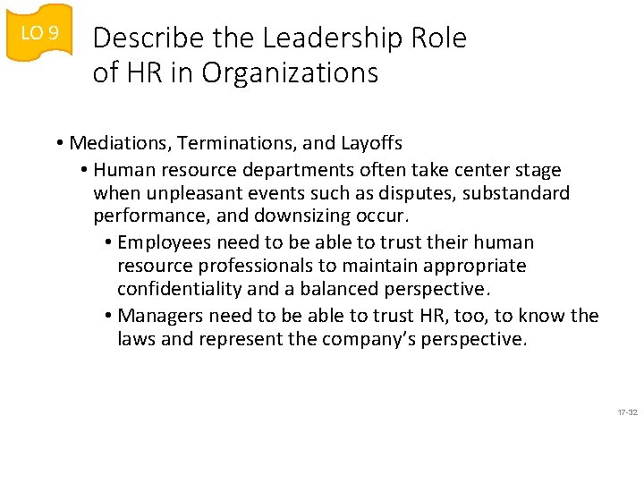 LO 9 Describe the Leadership Role of HR in Organizations • Mediations, Terminations, and