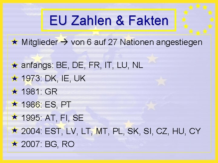 EU Zahlen & Fakten Mitglieder von 6 auf 27 Nationen angestiegen anfangs: BE, DE,