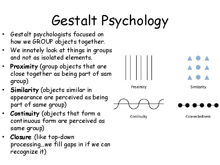 Gestalt Psychology • Gestalt psychologists focused on how we GROUP objects together. • We