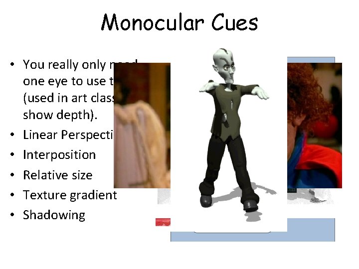 Monocular Cues • You really only need one eye to use these (used in