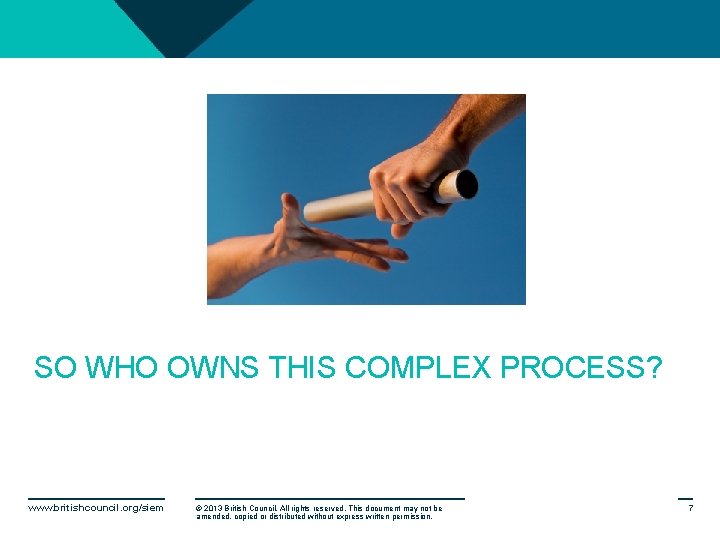 SO WHO OWNS THIS COMPLEX PROCESS? www. britishcouncil. org/siem © 2013 British Council. All