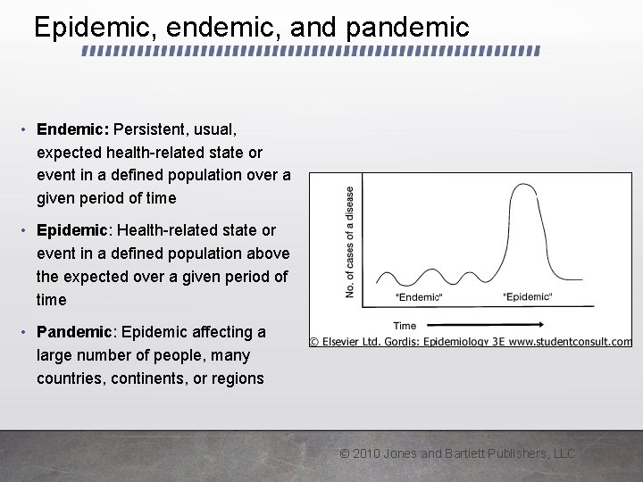 Epidemic, endemic, and pandemic • Endemic: Persistent, usual, expected health-related state or event in