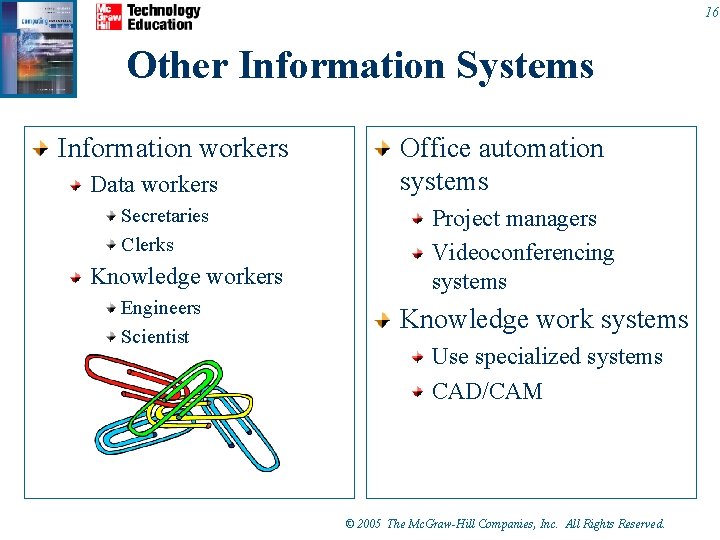 16 Other Information Systems Information workers Data workers Secretaries Clerks Knowledge workers Engineers Scientist