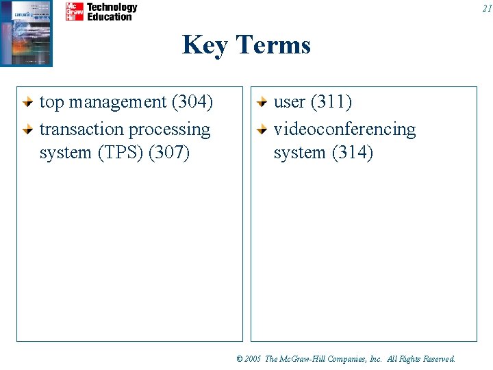 21 Key Terms top management (304) transaction processing system (TPS) (307) user (311) videoconferencing