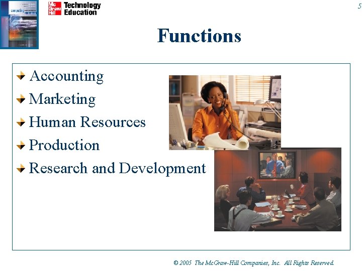 5 Functions Accounting Marketing Human Resources Production Research and Development © 2005 The Mc.