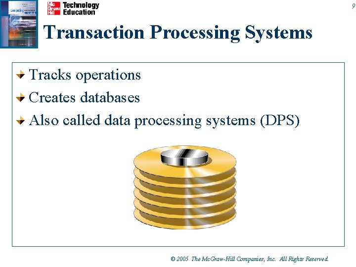 9 Transaction Processing Systems Tracks operations Creates databases Also called data processing systems (DPS)