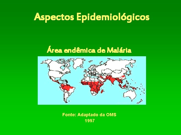 Aspectos Epidemiológicos Área endêmica de Malária Fonte: Adaptado da OMS 1997 