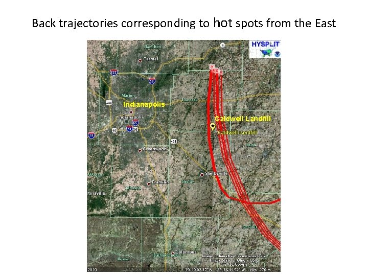 Back trajectories corresponding to hot spots from the East Indianapolis Caldwell Landfill 