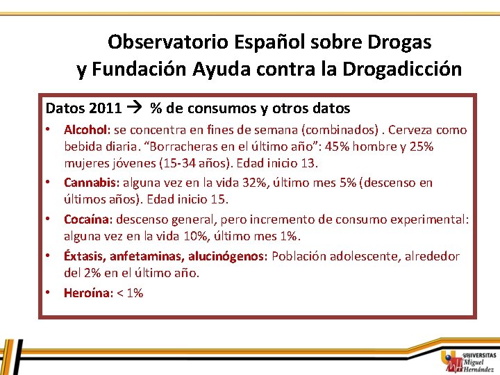Observatorio Español sobre Drogas y Fundación Ayuda contra la Drogadicción Datos 2011 % de