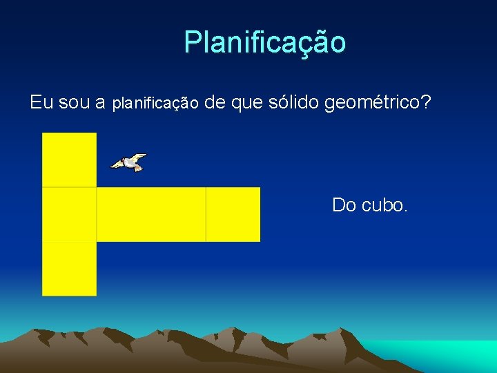 Planificação Eu sou a planificação de que sólido geométrico? Do cubo. 