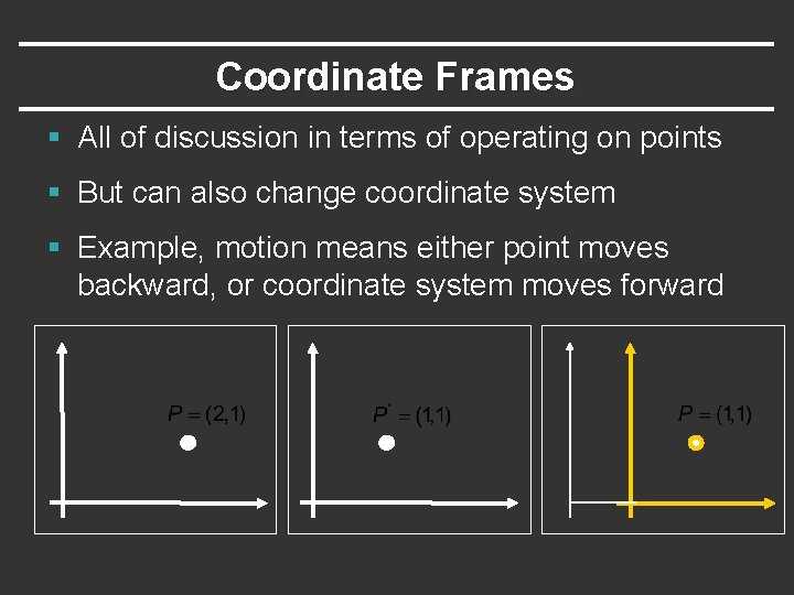 Coordinate Frames § All of discussion in terms of operating on points § But Coordinate Frames § All of discussion in terms of operating on points § But