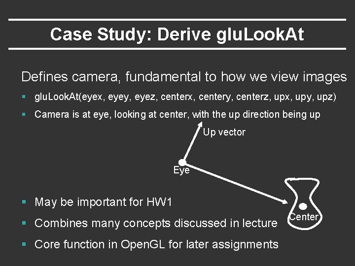 Case Study: Derive glu. Look. At Defines camera, fundamental to how we view images Case Study: Derive glu. Look. At Defines camera, fundamental to how we view images