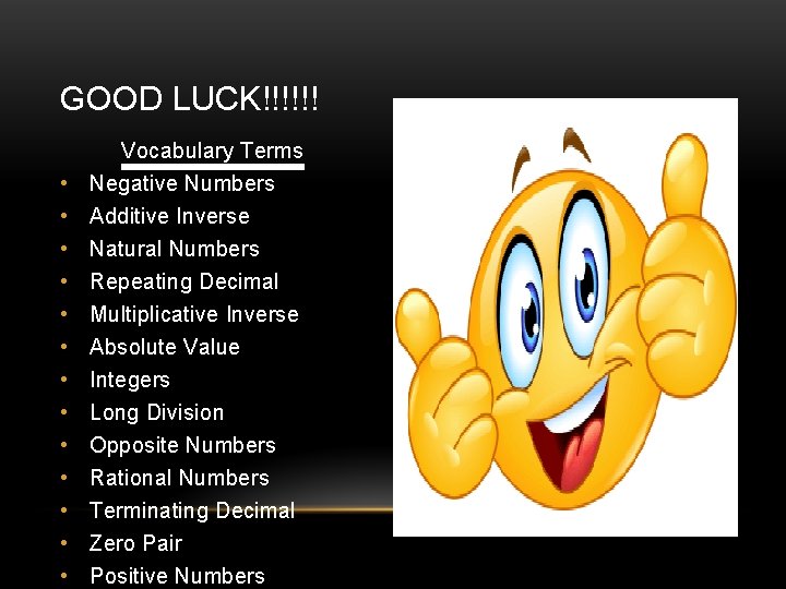 GOOD LUCK!!!!!! Vocabulary Terms • Negative Numbers • • • Additive Inverse Natural Numbers