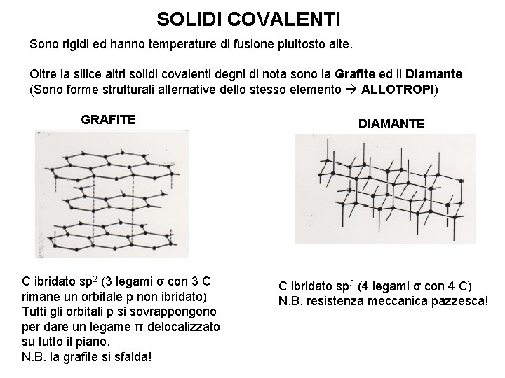 SOLIDI COVALENTI Sono rigidi ed hanno temperature di fusione piuttosto alte. Oltre la silice