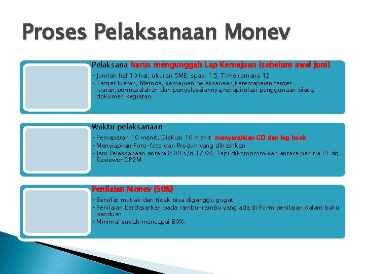 Proses Pelaksanaan Monev Pelaksana harus mengunggah Lap Kemajuan (sebelum awal Juni) • Jumlah hal