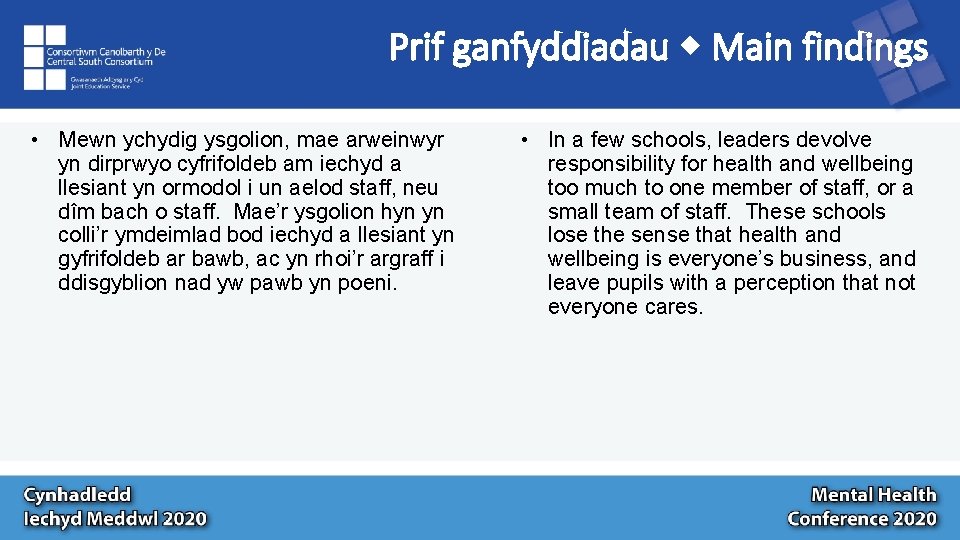 Prif ganfyddiadau Main findings • Mewn ychydig ysgolion, mae arweinwyr yn dirprwyo cyfrifoldeb am