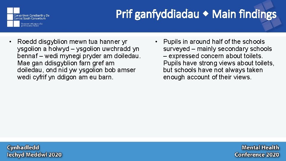 Prif ganfyddiadau Main findings • Roedd disgyblion mewn tua hanner yr ysgolion a holwyd