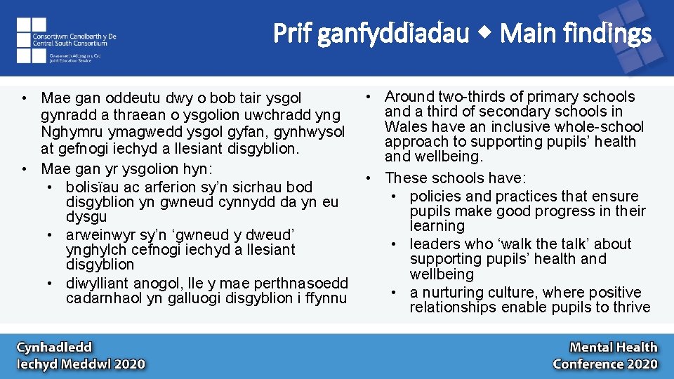 Prif ganfyddiadau Main findings • Mae gan oddeutu dwy o bob tair ysgol gynradd