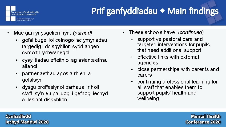 Prif ganfyddiadau Main findings • Mae gan yr ysgolion hyn: (parhad) • gofal bugeiliol