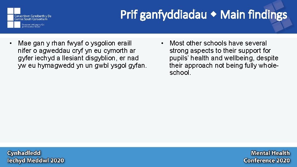 Prif ganfyddiadau Main findings • Mae gan y rhan fwyaf o ysgolion eraill nifer