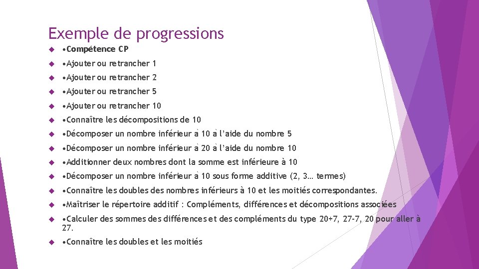 Exemple de progressions • Compétence CP • Ajouter ou retrancher 1 • Ajouter ou