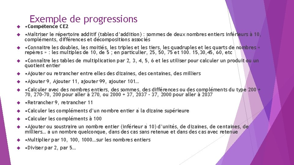 Exemple de progressions • Compétence CE 2 • Maîtriser le répertoire additif (tables d’addition)