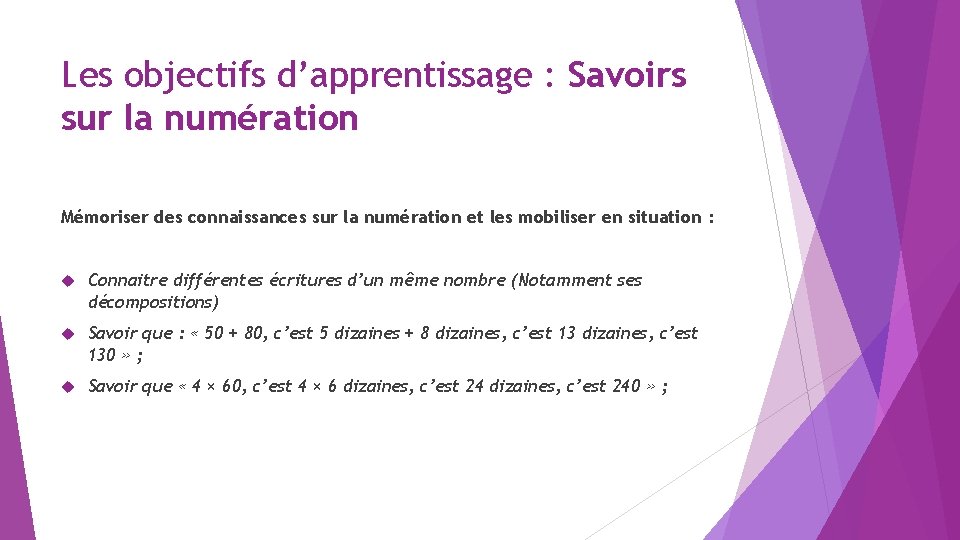 Les objectifs d’apprentissage : Savoirs sur la numération Mémoriser des connaissances sur la numération