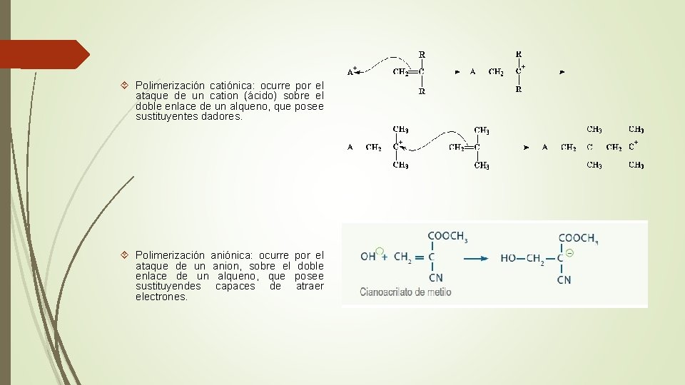  Polimerización catiónica: ocurre por el ataque de un cation (ácido) sobre el doble