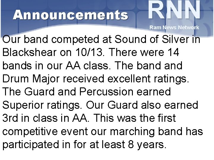 Announcements RNN Ram News Network Our band competed at Sound of Silver in Blackshear