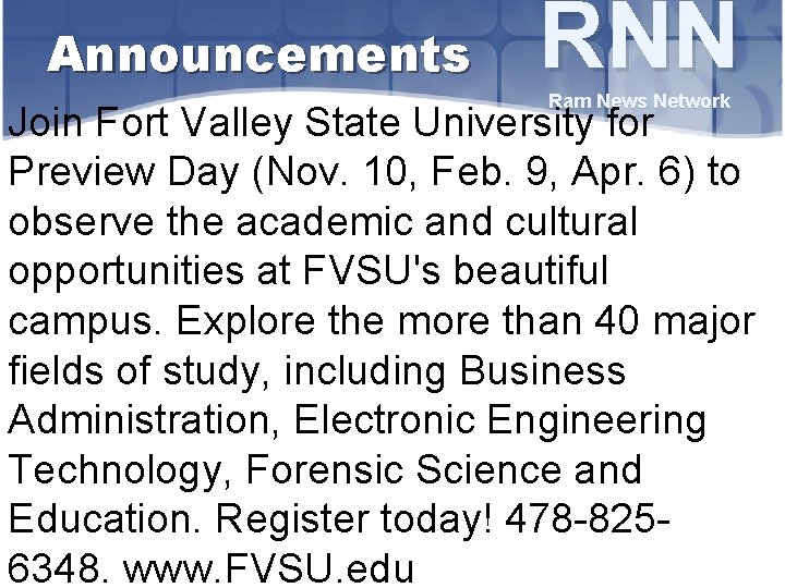 Announcements RNN Ram News Network Join Fort Valley State University for Preview Day (Nov.