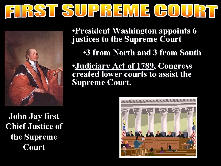  • President Washington appoints 6 justices to the Supreme Court • 3 from