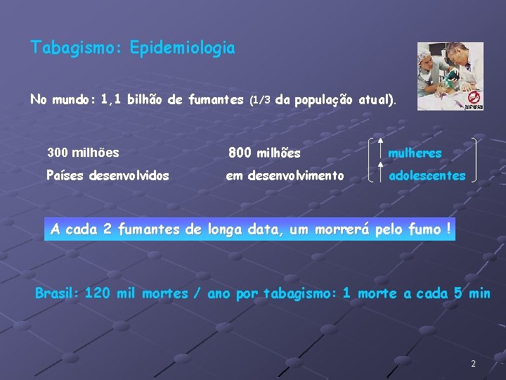 Tabagismo: Epidemiologia No mundo: 1, 1 bilhão de fumantes (1/3 da população atual). 300