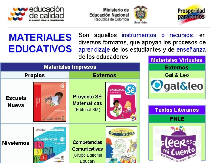 MATERIALES EDUCATIVOS Son aquellos instrumentos o recursos, en diversos formatos, que apoyan los procesos